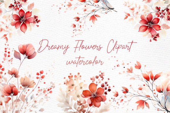 Red Wild Flowers Clipart: Watercolor Florals for Wedding Designs
